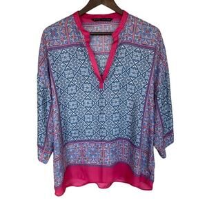 Zara Basic Pink, Blue and White Satin 3/4 Sleeve Blouse - Large